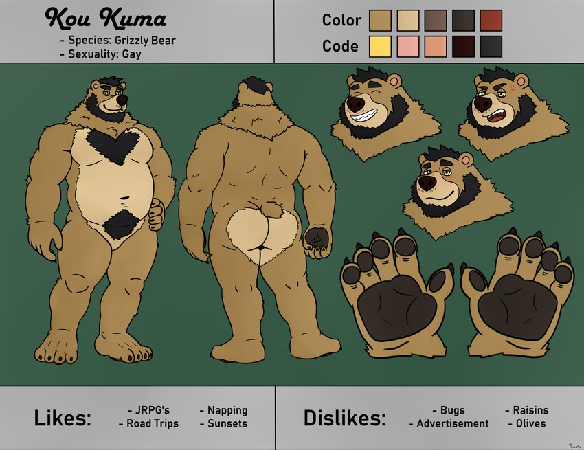 angry anthro beard big_feet black_body black_fur black_hair blush brown_body brown_fur butt claws facial_hair feet fur hair male muscular muscular_male navel neck_tuft nude pawpads paws short_hair short_tail slightly_chubby smile solo tail text tuft yellow_eyes conditional_dnp pawsta kou_kuma bear brown_bear grizzly_bear mammal ursine absurd_res english_text hi_res model_sheet