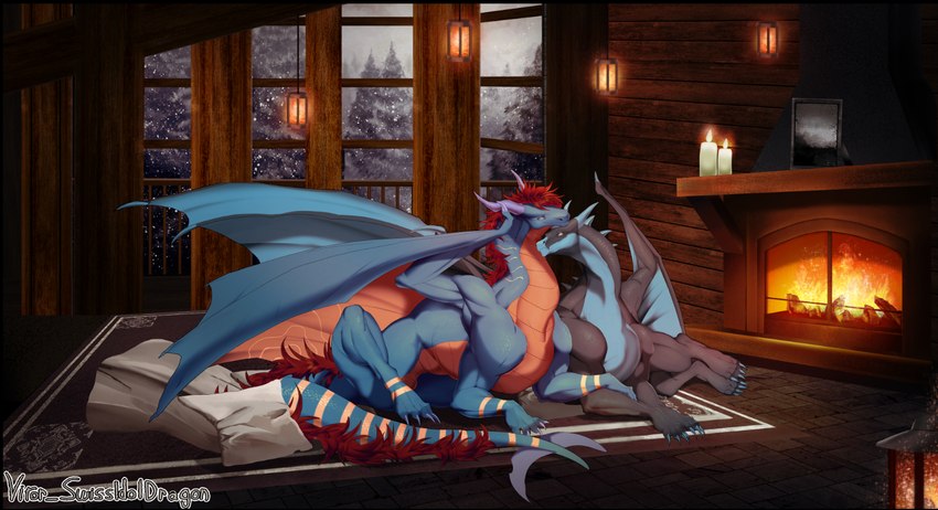 candle candlelight cuddling duo feral hair horn lamp lantern light male male/male markings paws pillow portrait_(object) romantic romantic_couple snow window wings vitor_swissidoldragon mythology dragon mythological_creature mythological_scalie scalie