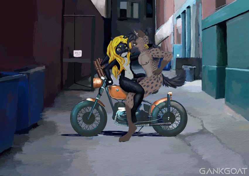 alley bodily_fluids cum cum_in_penis cum_inside detailed_background duo ear_piercing ear_ring eye_contact genital_fluids genitals horn looking_at_another male male/male male_penetrated male_penetrating male_penetrating_male mastectomy_scar motorcycle painting paws penetration penile penile_penetration penis penis_in_penis piercing ring_piercing scar sex sex_on_vehicle trash_can tripp_stellar urethral urethral_penetration vehicle gankgoat gankgoat_(character) bovid caprine goat hyena mammal absurd_res hi_res