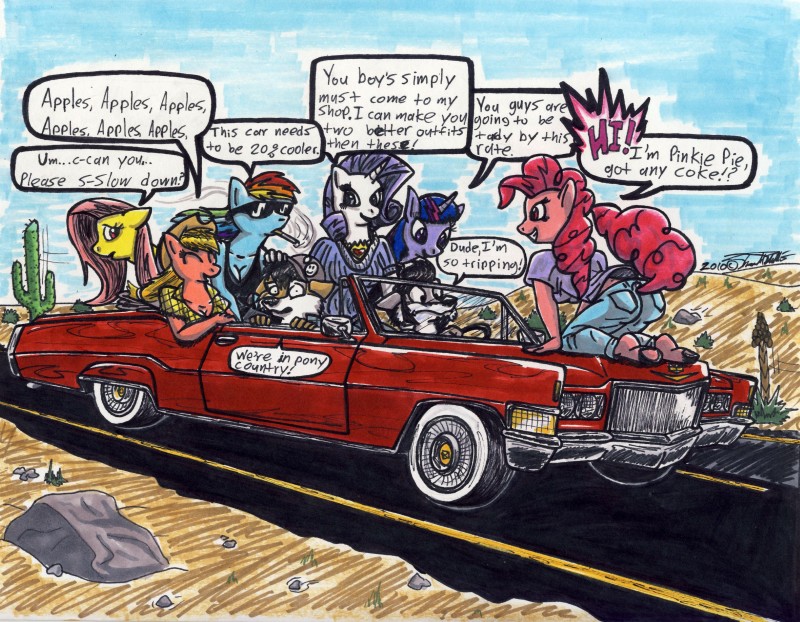 anthro anthrofied blue_body blue_fur car desert female fur group hair horn inside_car inside_vehicle male multicolored_hair purple_body purple_fur purple_hair rainbow_hair tail text two_tone_hair vehicle sketchywolf-13 cadillac fear_and_loathing_in_las_vegas friendship_is_magic general_motors hasbro my_little_pony mythology applejack_(mlp) fluttershy_(mlp) pinkie_pie_(mlp) rainbow_dash_(mlp) rarity_(mlp) sketchy_wolf twilight_sparkle_(mlp) earth_pony equid equine horse mammal mythological_creature mythological_equine pony unicorn absurd_res english_text hi_res