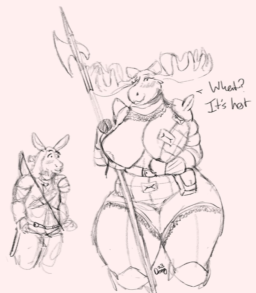 anthro anthro_on_anthro antlers armor belt big_breasts blush bow_(weapon) breasts clothing dialogue duo eyebrows female front_view fully_clothed_anthro fully_clothed_male gloves halberd hand_on_own_breast handwear holding_melee_weapon holding_object holding_ranged_weapon holding_weapon horn huge_breasts huge_thighs lingerie long_ears looking_at_another male male/female melee_weapon nipples partially_clothed_anthro partially_clothed_female polearm raised_eyebrows ranged_weapon shocked shoulder_pads simple_background slightly_chubby slightly_chubby_anthro slightly_chubby_female smile standing talking_to_another teasing text thick_thighs weapon white_background wide_eyed mcdoogiy chuy_(jezzlen) gerry_(mcdoogiy) asinus deer donkey equid equine mammal moose new_world_deer 2023 black_and_white digital_drawing_(artwork) digital_media_(artwork) english_text hi_res monochrome signature sketch