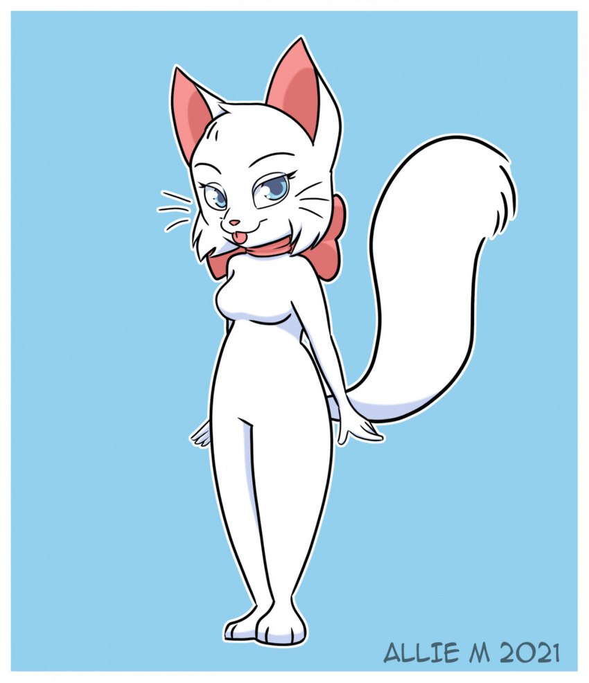 anthro blue_background blue_eyes border bow_(feature) breasts featureless_breasts featureless_crotch female fur plantigrade simple_background solo tongue tongue_out whiskers white_body white_border white_fur zinacat bittersweet_candy_bowl lucy_(bcb) domestic_cat felid feline felis khao_manee mammal 2021 hi_res