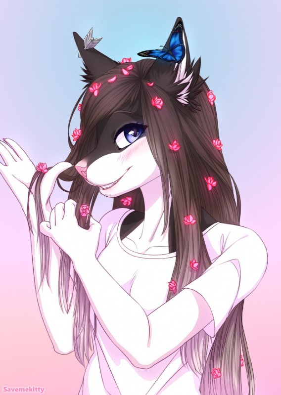 5_fingers anthro blue_eyes clothed clothing eyelashes female fingers gradient_background looking_at_viewer pink_nose simple_background smile solo savemekitty arthropod blue_morpho butterfly canid canine canis domestic_dog insect lepidopteran mammal 2017 digital_media_(artwork) hi_res