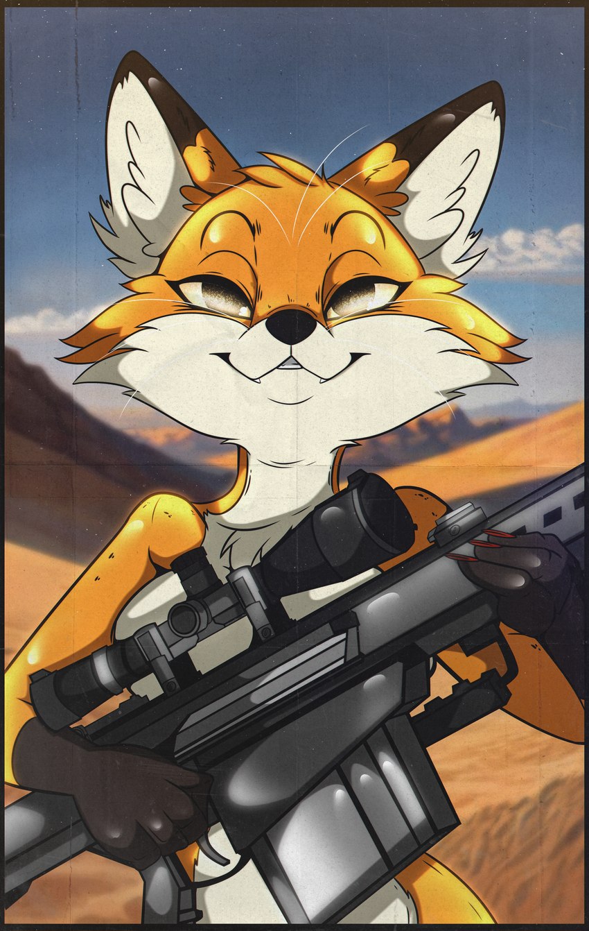 anthro desert female fur grin gun mischievous mischievous_smile nude nude_anthro nude_female orange_body orange_fur ranged_weapon rifle short_female size_difference smaller_female smile sniper sniper_rifle weapon yellow_eyes 0l-fox-l0 canid canine fox mammal absurd_res hi_res