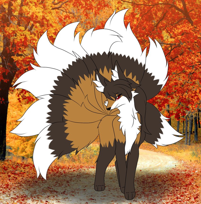 9_tails black_body black_fur black_hair female feral fur hair head_fur multi_tail orange_body orange_fur red_eyes solo tail white_body white_fur ideltasarc333 nintendo pokemon foxxi canid canine fox generation_1_pokemon mammal ninetales pokemon_(species) hi_res