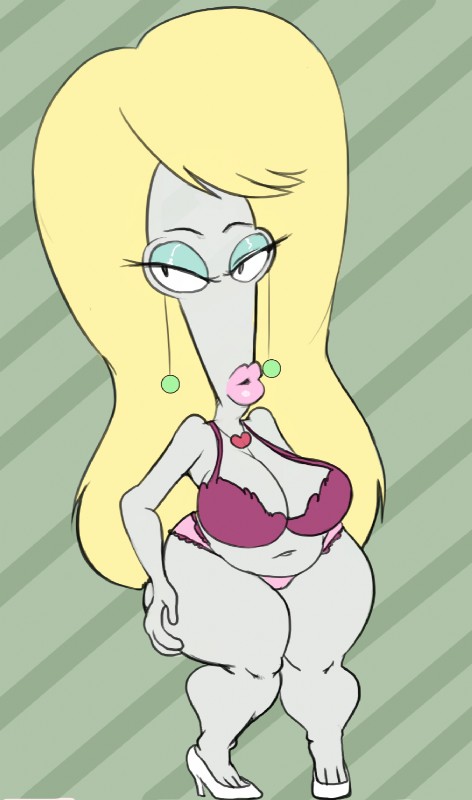 big_breasts blonde_hair breasts cleavage clothed clothing ear_piercing female footwear hair high_heels huge_breasts lingerie lips navel not_furry overweight overweight_female piercing shoes solo thick_lips thick_thighs wide_hips pdxyz american_dad laura_vanderbooben roger_smith alien alien_humanoid humanoid roswell_grey hi_res