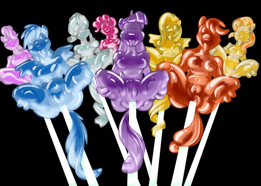 bdsm black_background blindfold bondage bound candy dessert encasement female food food_transformation fused_fingers fused_legs fused_toes gag gagged group horn lollipop popsicle simple_background tail teeth tongue tongue_out transformation what wings bastianmage equestria_girls friendship_is_magic hasbro my_little_pony mythology applejack_(mlp) fluttershy_(mlp) pinkie_pie_(mlp) rainbow_dash_(mlp) rarity_(mlp) starlight_glimmer_(mlp) sunset_shimmer_(eg) twilight_sparkle_(mlp) earth_pony equid equine food_creature horse mammal mythological_creature mythological_equine pony unicorn winged_unicorn