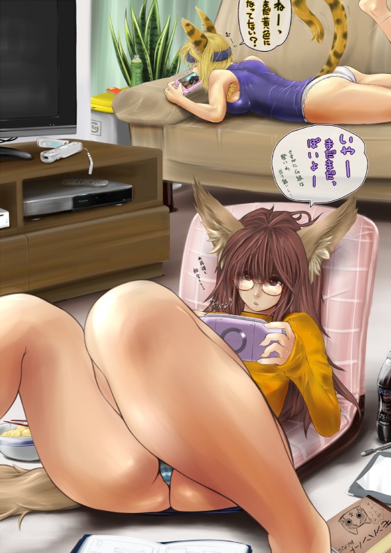 armpit_hair bed bent_leg beverage blonde_hair body_hair book bottle bowl breasts clothed clothing cola container controller drawing drawing_(object) duo electronics eyes_closed eyewear female furniture game_console game_controller game_screen gaming glasses hair handheld handheld_console holding_console holding_object holding_psp lying nintendo_console nintendo_controller on_front one_calf_up panties pillow plant plastic_bottle playing_video_game playstation_console plushie product_placement psp_console raised_calf raised_foot red_hair remote_control side_boob skimpy sleeping soda soda_bottle tail television text tv_remote underwear wii_console wii_remote wireless_controller yakibuta capcom monster_hunter nintendo panasonic pepsi pepsi_nex playstation playstation_portable sony_corporation sony_interactive_entertainment wii fukiishi_ayako sahara_shimako animal_humanoid canid canid_humanoid canine canine_humanoid diablos_(mh) felid felid_humanoid feline feline_humanoid felis fennec_fox fennec_humanoid flying_wyvern fox fox_humanoid humanoid mammal mammal_humanoid sand_cat sand_cat_humanoid true_fox crossover hi_res japanese_text translation_request