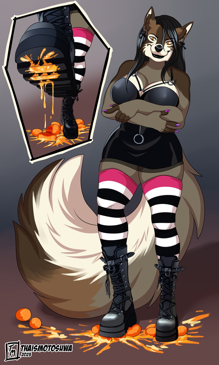 anthro boots clothed clothing crush dominant dominant_female female first_person_view food food_crush food_fetish footwear legwear shoes socks solo step_pose stepped_on stepping thigh_highs conditional_dnp thaismotosuwa alst canid canine canis mammal mexican_wolf wolf 2023 3:5 absurd_res hi_res