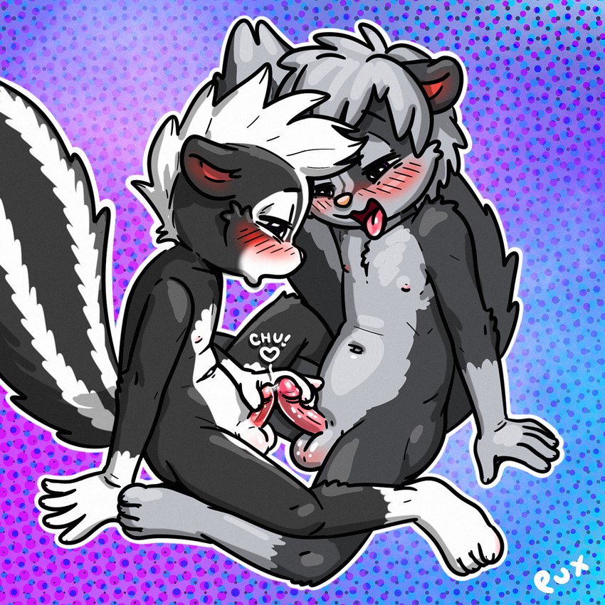 anthro anus balls big_tail biped black_body blush blush_lines butt claws countershade_face countershade_torso countershading duo erection fluffy fluffy_tail foreskin frottage genitals glans gloves_(marking) grey_body grey_countershading grey_hair grey_markings hair heart_symbol humanoid_genitalia humanoid_penis leg_markings looking_at_another looking_at_partner looking_pleasured male male/male markings open_mouth penile penis penis_size_difference pink_nose plantigrade sex simple_background sitting smile socks_(marking) tail teeth toe_claws tongue tongue_out white_body white_countershading white_hair white_markings young young_anthro young_male young_on_young pux pux_(character) scotty_kat domestic_cat felid feline felis hybrid mammal mephitid skunk 1:1 2025 hi_res