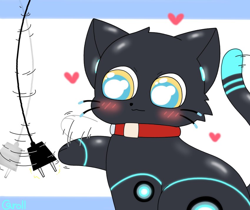 black_body blue_eyes blush blush_lines collar female feral gesture heart_symbol machine sitting smile solo tail waving caroll hi-fi_rush microsoft tango_gameworks 808_(hi-fi_rush) domestic_cat felid feline felis mammal robot absurd_res hi_res