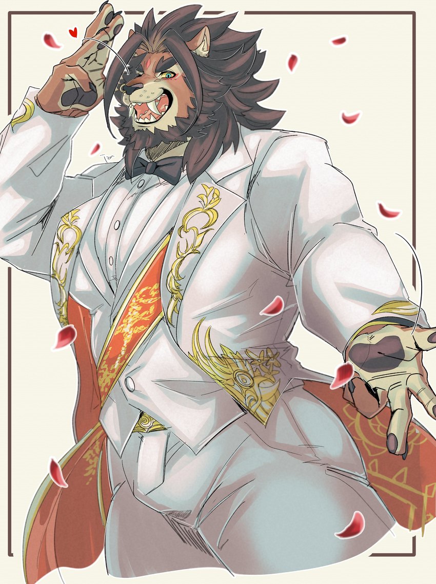 anthro brown_body brown_fur bulge clothing formal_clothing fur male mane muscular muscular_anthro muscular_male solo suit tusks izm_rm7 lifewonders tokyo_afterschool_summoners barong_(tas) felid lion mammal pantherine absurd_res hi_res