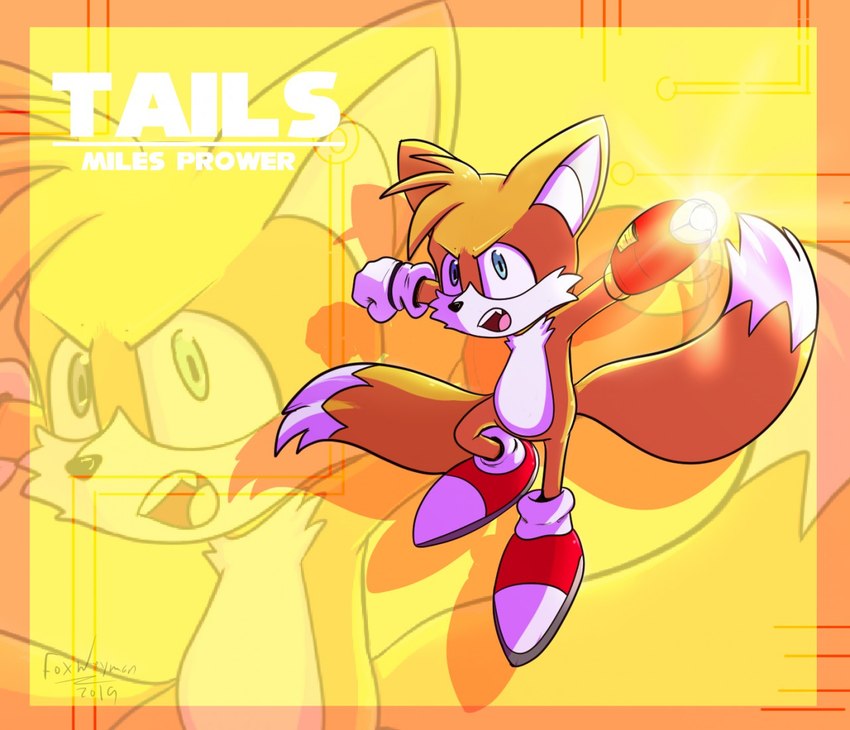 2_tails anthro blue_eyes border clothing detailed_background footwear fur male mega_buster multi_tail open_mouth orange_body orange_border orange_fur red_clothing red_footwear red_shoes sharp_teeth shoes simple_background socks solo tail teeth teeth_showing tongue_showing white_body white_clothing white_footwear white_fur white_shoes white_socks yellow_background drfoxweyman drjoshfox sega sonic_the_hedgehog_(series) miles_prower canid canine fox mammal 2019