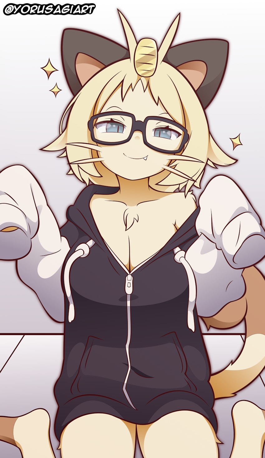 anthro blonde_hair blue_eyes breasts brown_body brown_fur cleavage clothed clothing cute_fangs eyewear fangs female fur glasses hair hoodie long_sleeves looking_at_viewer mouth_closed pupils sitting slit_pupils smile smiling_at_viewer snaggle_tooth solo tan_body tan_fur teeth topwear two_tone_tail yorusagi nintendo pokemon generation_1_pokemon meowth pokemon_(species) 2024 hi_res