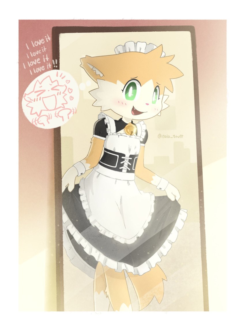 anthro apron bell black_clothing black_dress blush blush_lines city city_background clothing countershade_face countershading curtsey cute_fangs dress facial_tuft female fluffy fluffy_tail fur glistening glistening_eyes gloves gloves_(marking) green_eyes handwear happy head_tuft heart_symbol maid_uniform markings mirror open_mouth pink_nose small_nose smile snaggle_tooth solo tail tan_body tan_fur thought_bubble tuft underbust_corset uniform yellow_body yellow_fur rolo_stuff rolo_(rolo_stuff) domestic_cat felid feline felis mammal hi_res signature