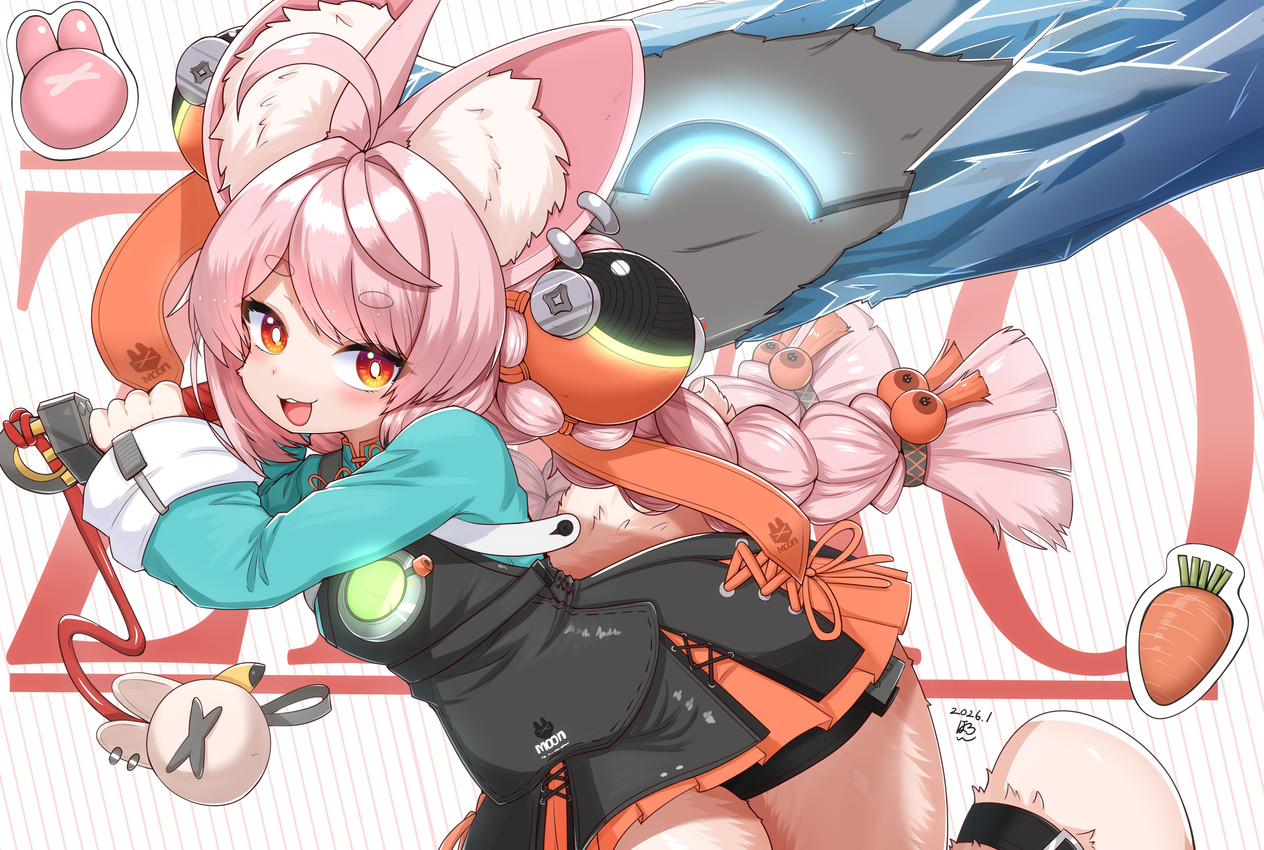 accessory anthro black_clothing black_dress blue_clothing blue_shirt blue_topwear braided_hair carrot clothed clothing dress female food fur hair ice inner_ear_fluff kemono looking_at_viewer melee_weapon open_mouth pink_body pink_ears pink_fur pink_hair pink_tail plant red_eyes shirt solo sword tail topwear tuft vegetable weapon young horokusa0519 mihoyo zenless_zone_zero zhao_(zenless_zone_zero) lagomorph leporid mammal rabbit thiren 2026 absurd_res hi_res