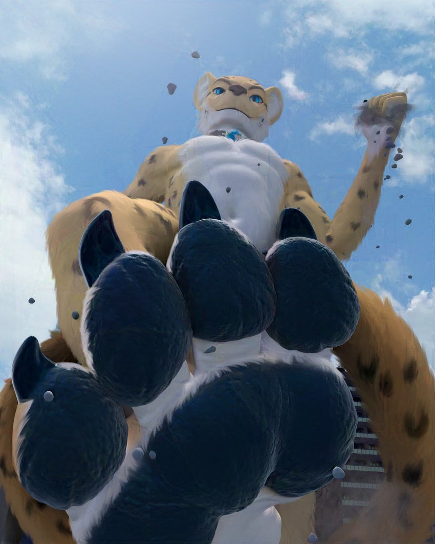 anthro black_claws black_pawpads city cityscape claws collar collar_only debris earth feet first_person_view foot_fetish looking_at_viewer looking_down macro macro_male male nude nude_anthro nude_male panorama panoramic pawpads planet solo stomp_fetish stomping stomping_viewer tail lapushis chee_(gery) cheetah felid feline mammal 360_fov adversarial_noise hi_res