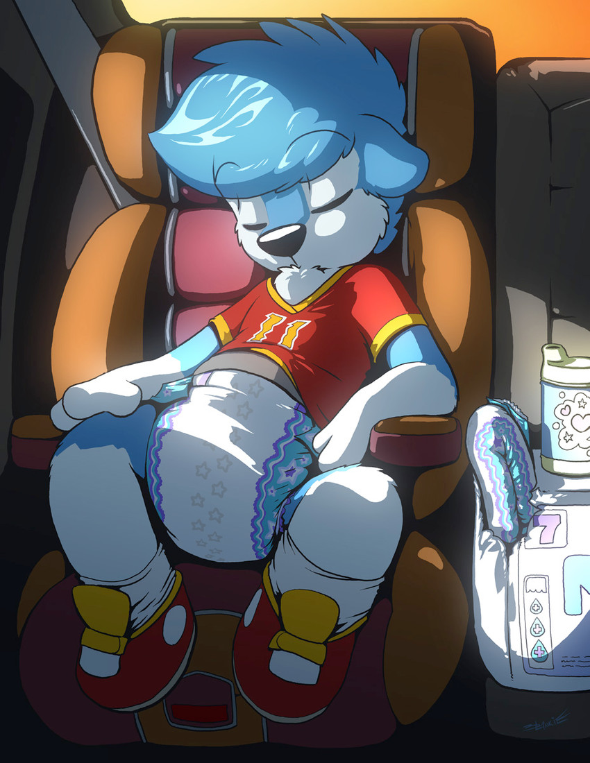 anthro black_nose blue_body blue_fur car_seat clean_diaper clothed clothing diaper diaper_bag diaper_package eyes_closed folded_diaper footwear fur legwear male shirt shoes sippy_cup sitting sleeping socks solo topwear wearing_diaper wetness_indicator white_body white_fur young young_anthro blankieplush island_(character) mammal mustelid otter 2018 hi_res