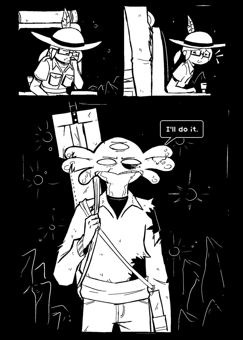 anthro male melee_weapon sword sword_sheath weapon afuckingcamel-zenge-art_(artist) chucklefish starbound esther_bright kenta_(afuckingcamel) human hylotl mammal black_and_white comic hi_res monochrome