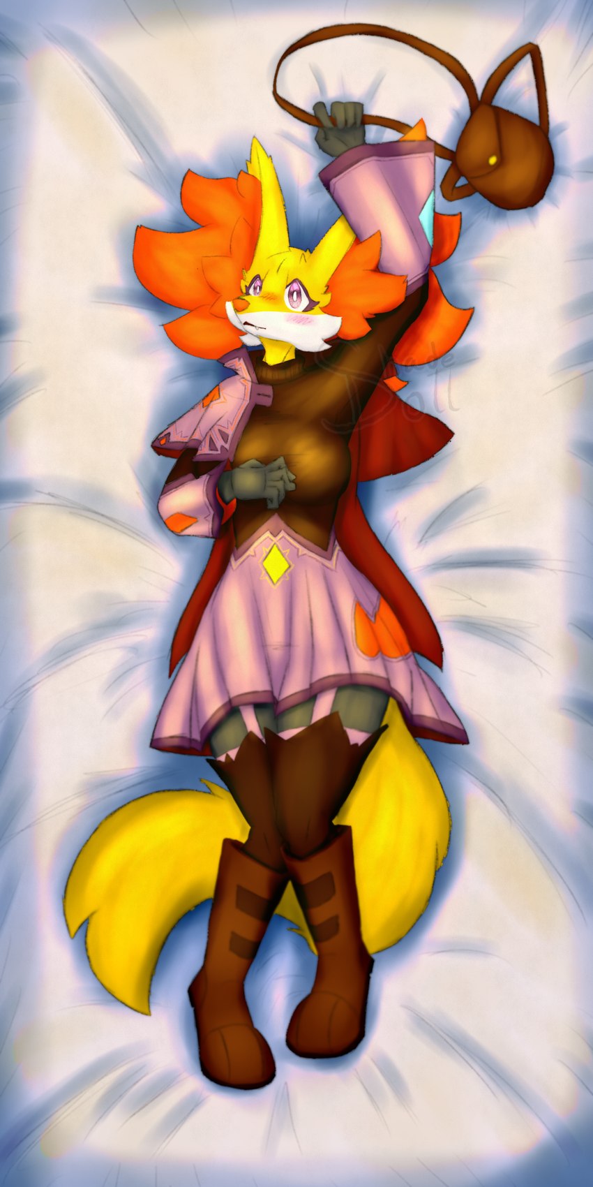 anthro bag big_ears body_pillow boots breasts clothed clothing eyelashes female footwear fur inner_ear_fluff legwear looking_at_viewer lying on_back pillow shoes simple_background solo stockings tail tuft shadedadoll nintendo pokemon fan_character canid canine delphox generation_6_pokemon mammal pokemon_(species) 1:2 2024 digital_media_(artwork) hi_res