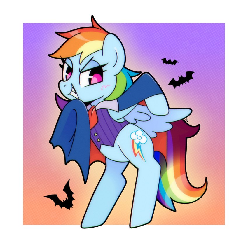 blue_body blush border cape clothed clothed_feral clothing cutie_mark feathered_wings feathers female feral grin hair holidays looking_at_viewer multicolored_hair pink_eyes rainbow_hair simple_background smile topwear vest white_border wings sapphire-shores_(artist) friendship_is_magic halloween hasbro my_little_pony mythology rainbow_dash_(mlp) bat equid equine horse mammal mythological_creature mythological_equine pegasus pony vampire 1:1 hi_res