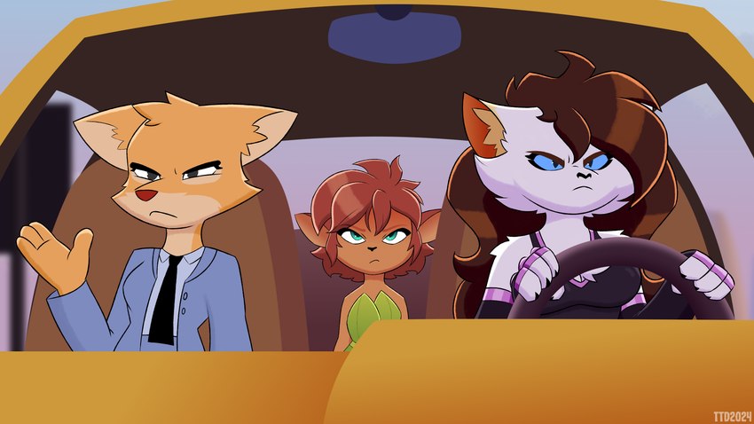 anthro car car_interior driving female group inside_car inside_vehicle motor_vehicle movie_reference trio vehicle travis_the_dragon activision comfort_character_car dreamworks spyro_the_dragon the_bad_guys diane_foxington elora mileena_smith_(travis_the_dragon) canid canine domestic_cat faun_(spyro) felid feline felis fox mammal 16:9 4k absurd_res hi_res meme widescreen