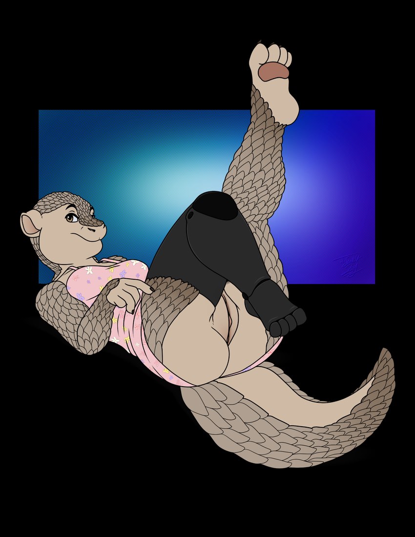 anthro bottomless bottomless_anthro bottomless_female breasts butt clothed clothing dress female genitals looking_at_viewer prosthetic prosthetic_leg prosthetic_limb pussy raised_clothing raised_dress raised_topwear scales simple_background smile solo tail tan_body thick_tail topwear os marybeth_(walt46) mammal pangolin alpha_channel digital_media_(artwork) hi_res