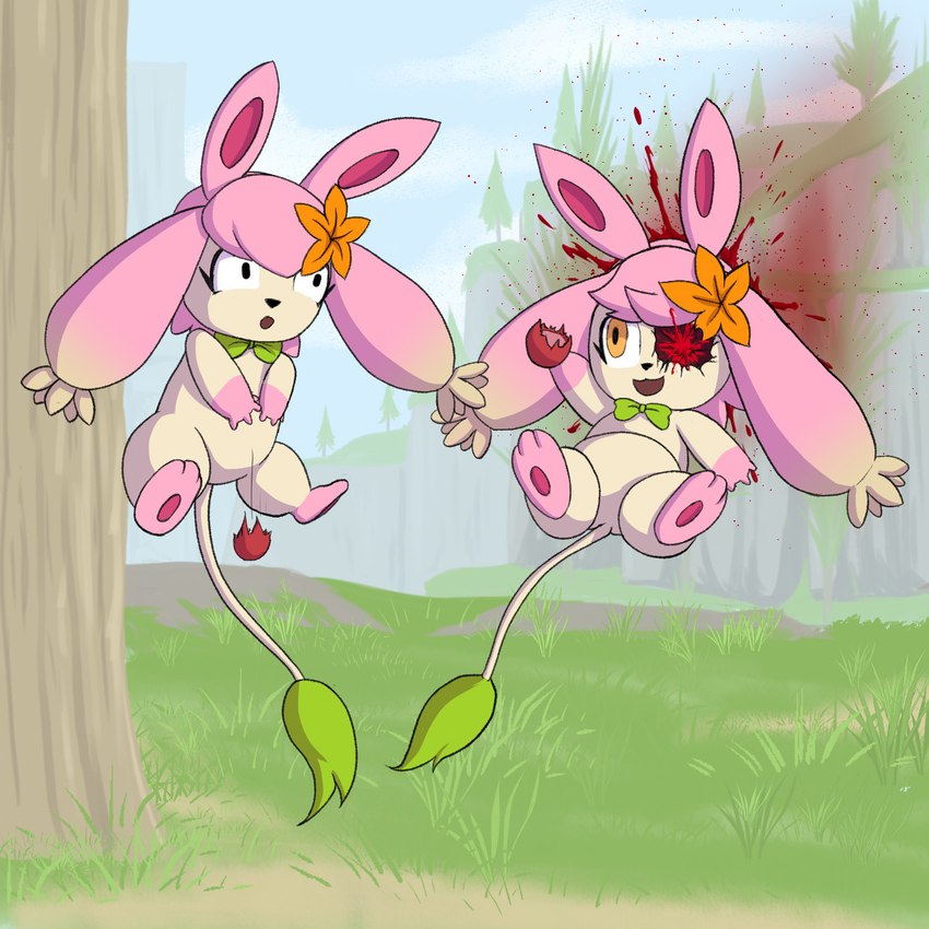 ambiguous_gender anthro blood bodily_fluids cliff day death detailed_background dropping_food duo empty_eye_socket floating food gore grass hunting outside plant shocked shot_in_head tree wounded moderately_ashamed palworld pocketpair flopie pal_(species) 1:1 hi_res