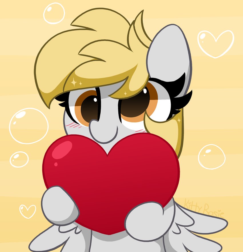 blonde_hair blush blush_lines bubble derp_eyes eyelashes feathered_wings feathers female feral grey_body grey_feathers hair heart_symbol holding_object orange_eyes simple_background solo wings yellow_background kittyrosie friendship_is_magic hasbro my_little_pony mythology derpy_hooves_(mlp) equid equine mammal mythological_creature mythological_equine pegasus 2021 absurd_res hi_res