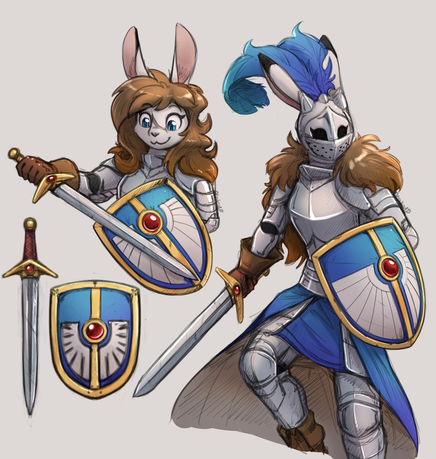 :3 anthro armor breastplate brown_hair clothed clothing cuisse facial_scar female full_armor fur gloves greaves hair handwear headgear helmet holding_melee_weapon holding_object holding_sword holding_weapon knight long_hair melee_weapon multiple_angles pauldron plate_armor plume poleyn rabbit_ears rerebrace scar shield simple_background smile solo standing sword vambrace visor_helmet warrior weapon white_body white_fur otakuap aleanora armorbun lagomorph leporid mammal rabbit 2021 hi_res sketch