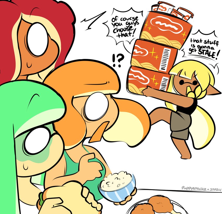 barefoot chicken_meat confusion eating eating_food feet female food holding_object home humor meat noodles pointy_ears pseudo_hair ramen ramen_noodles rice sandwich_(food) shocked splatfest tentacle_hair tentacles puppysnackz nintendo splatoon agent_3_(splatoon) agent_3_(splatoon_3) agent_4_(splatoon) agent_8_(splatoon) braid_(splatoon) inkling_girl kaori_(splatoon) octoling_girl surume_(splatoon) cephalopod inkling marine mollusk octarian octoling hi_res