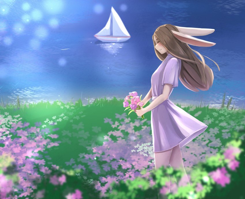 anthro blush boat bottomwear clothed clothing dress eyes_closed female flower fur garden grass grey_hair hair lake light long_hair moonlight night plant purple_bottomwear purple_clothing purple_dress purple_skirt river sailing_boat sailing_watercraft sea seaside skirt smile solo vehicle water watercraft white_body white_fur yourumi mieri_(yourumi) lagomorph leporid mammal rabbit