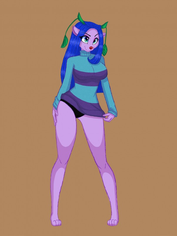 anthro blue_hair clothed clothing clothing_lift female flashing hair leaf long_hair long_legs smile solo sweater topwear underwear cocaine-leopard conditional_dnp johnny_and_the_sprites lily_(johnny_and_the_sprites) deer fairy mammal water_spirit absurd_res hi_res