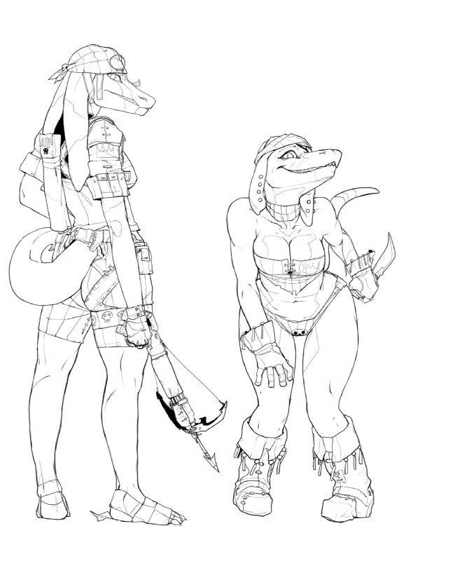 anthro arbalist armor boots breasts claws cleavage clothed clothing crossbow duo female footwear holding_object holding_weapon knife looking_at_viewer non-mammal_breasts quiver_(object) ranged_weapon rape_face shoes simple_background thong toe_claws topwear tube_top underwear warrior weapon white_background robotjoe bandit_twins sheretsa lizard reptile scalie detailed hi_res line_art monochrome sibling_(lore) twins_(lore)