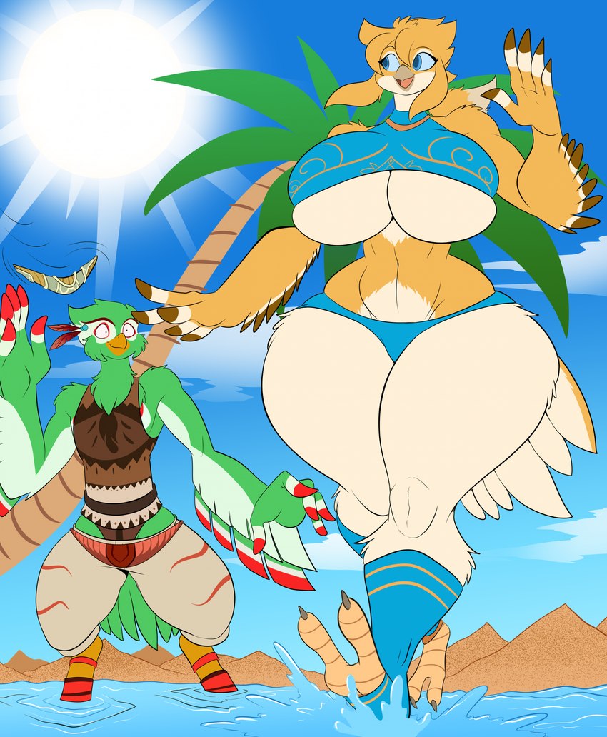 alternate_species anthro beach beak big_breasts bikini boomerang bottomwear breasts clothing crossgender duo feet female huge_breasts male mtf_crossgender palm_tree pants plant sand smile sun surprise swimwear talons thick_thighs toes tree two-piece_swimsuit under_boob water wide_eyed wide_hips jaeh nintendo the_legend_of_zelda link link_(rito_form) pokali_(woodnote) avian rito 2024 hi_res