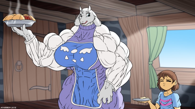 abs anthro biceps big_breasts big_muscles blue_eyes breasts brown_hair clothing curtains delta_rune_(emblem) dessert door duo eyes_closed female food fur hair horn huge_breasts huge_muscles hyper hyper_muscles inside male muscular muscular_female navel pastry pie plate robe symbol white_body white_fur window atariboy undertale undertale_(series) frisk_(undertale) toriel boss_monster_(undertale) bovid caprine human mammal 16:9 2018 hi_res widescreen