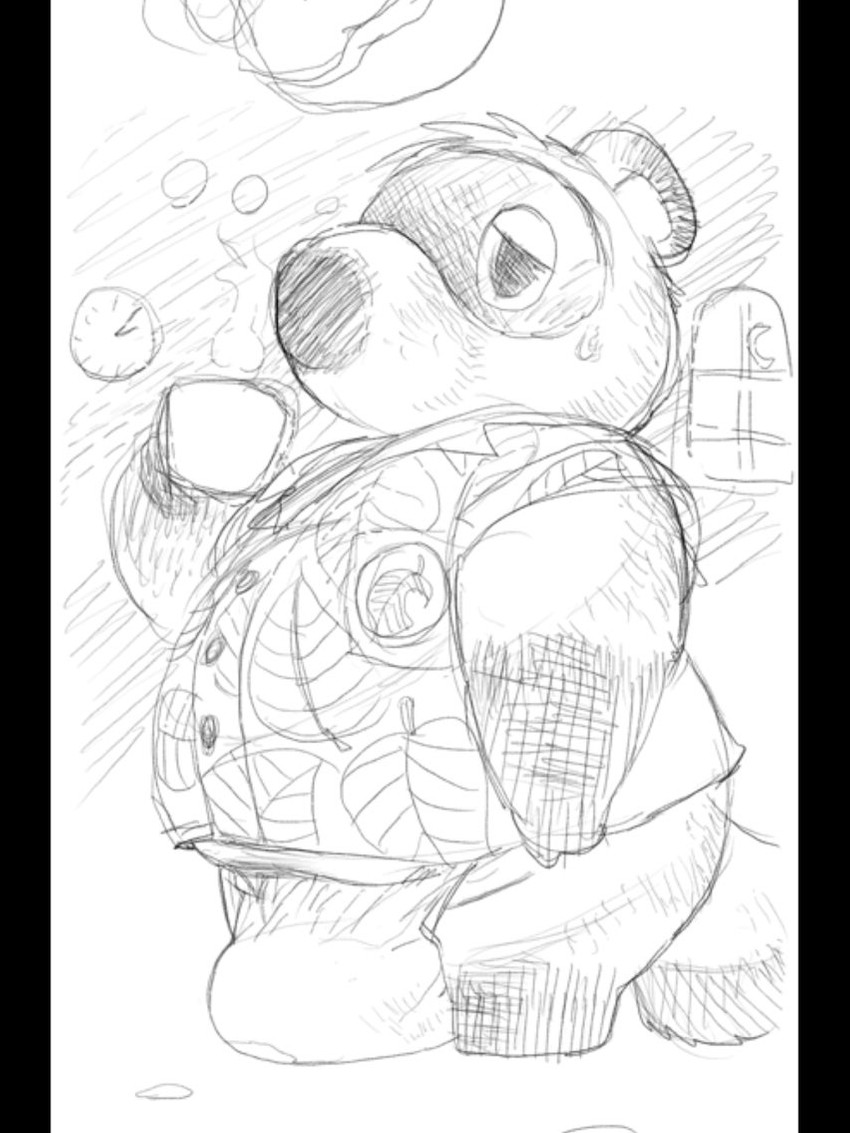 anthro beverage black_bars bodily_fluids bulge clothing coffee male overweight overweight_anthro overweight_male shirt solo sweat topwear daich animal_crossing nintendo tom_nook_(animal_crossing) canid canine mammal raccoon_dog tanuki 2020 3:4 monochrome pillarbox