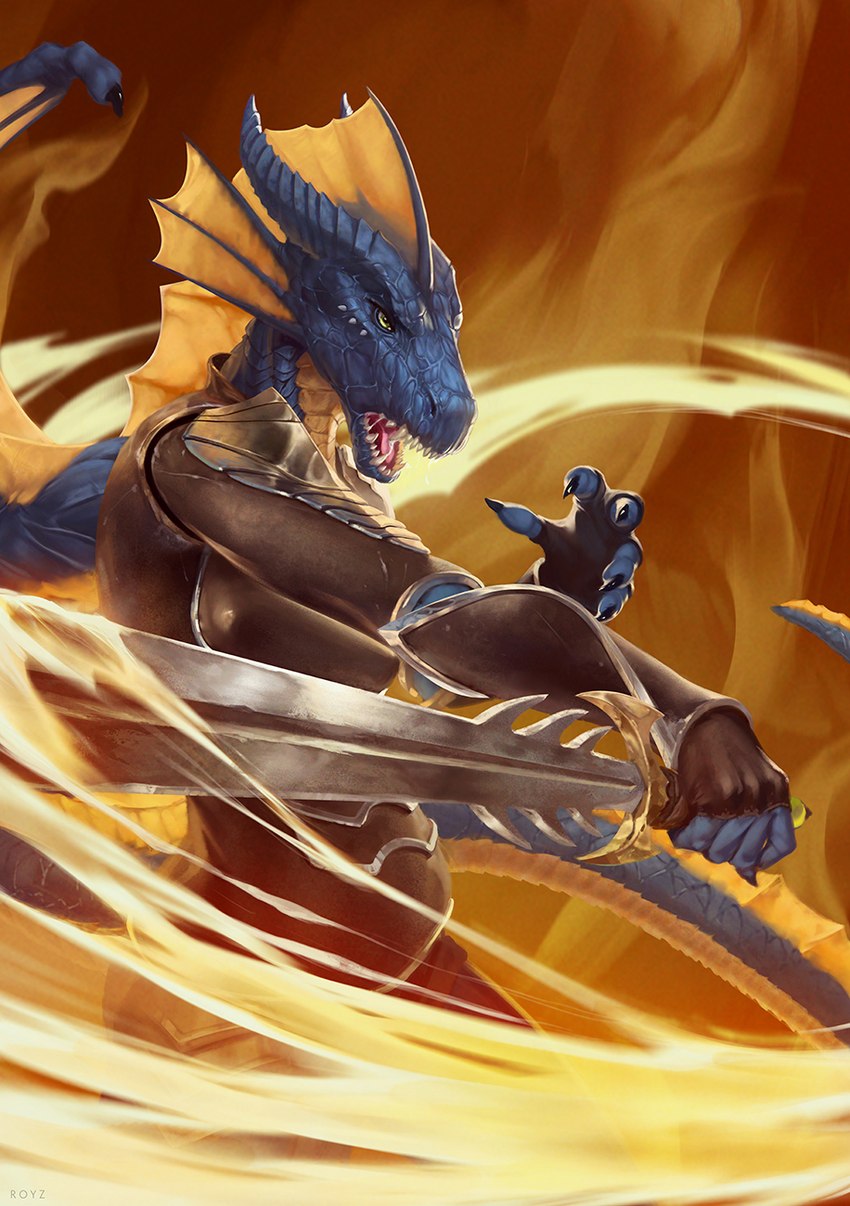 anthro attack female fire magic melee_weapon membrane_(anatomy) membranous_wings solo sword tail warrior weapon wings conditional_dnp latex_(artist) mythology dragon mythological_creature mythological_scalie scalie 2023 hi_res