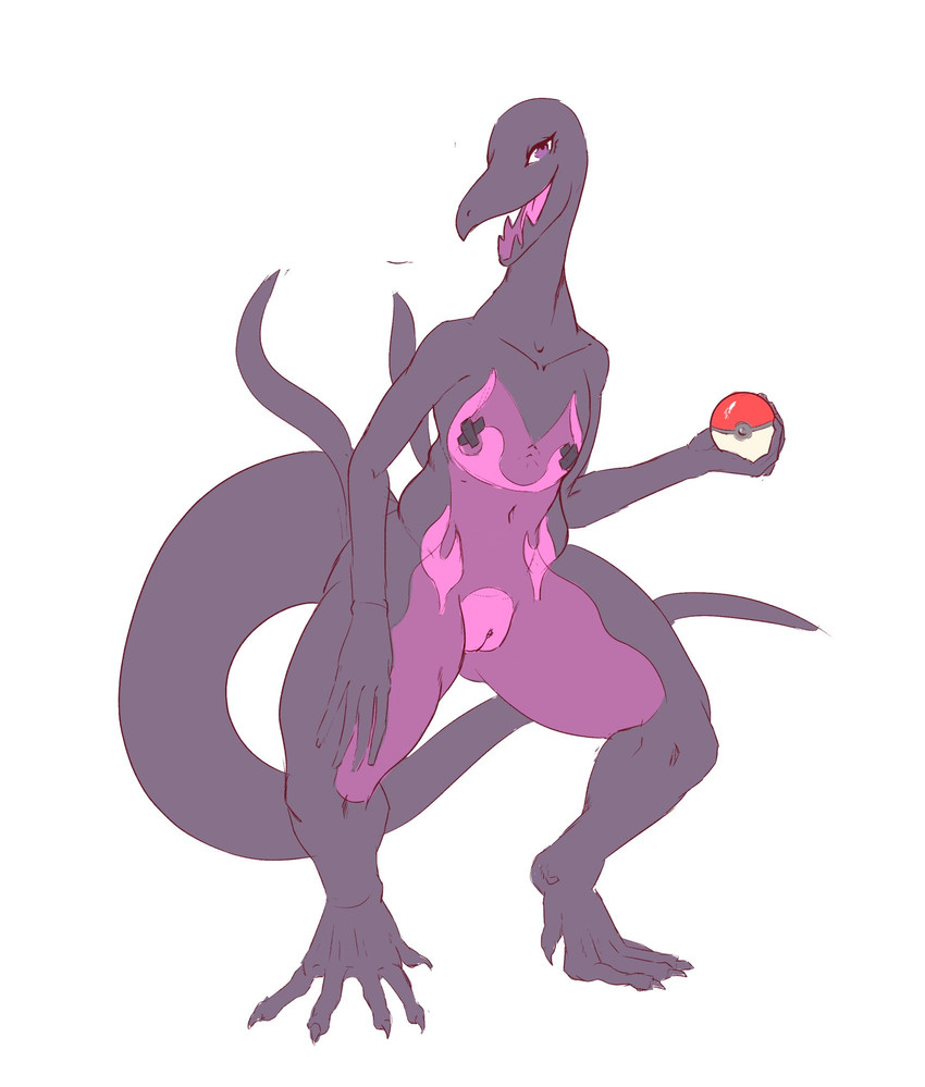 anthro female flat_chested genitals nipple_tape nude pasties pokeball pussy solo standing tape upai nintendo pokemon generation_7_pokemon pokemon_(species) salazzle hi_res