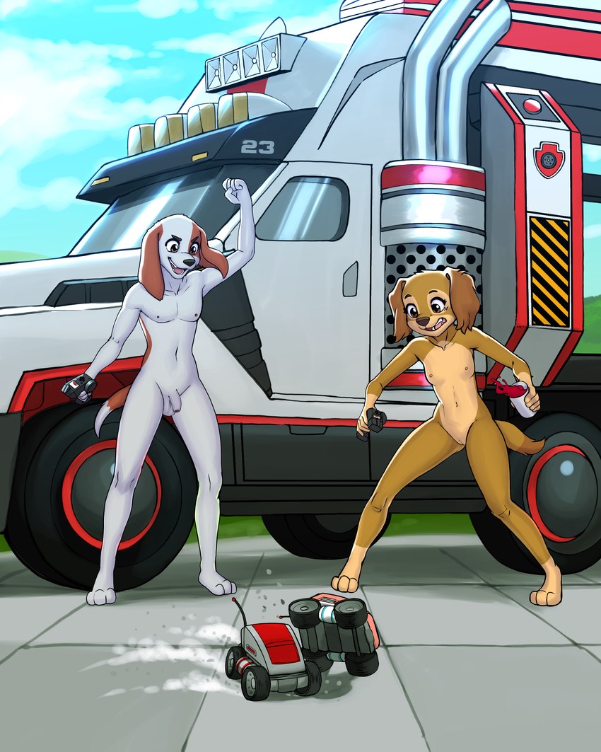 anthro duo female flaccid foreskin genitals group male nude nude_female penis diacordst paw_patrol al_(paw_patrol) liberty_(paw_patrol) canid canine canis dachshund domestic_dog hunting_dog mammal 2024 4:5 absurd_res hi_res