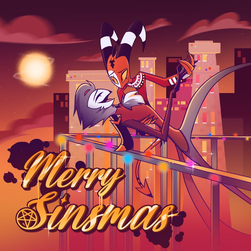 anthro balcony christmas_lights city city_background dancing duo holidays male male/male vivzmind christmas helluva_boss blitzo_(helluva_boss) stolas_(helluva_boss) imp owl_demon 1:1 2024 absurd_res hi_res official_art