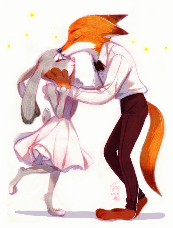 anthro blush countershading duo female fur grey_body grey_fur kemono kissing long_ears male orange_body orange_fur standing weketa disney zootopia judy_hopps nick_wilde canid canine fox lagomorph leporid mammal rabbit red_fox true_fox hi_res