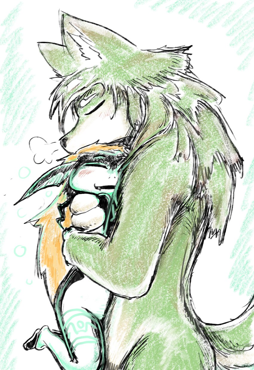 anthro anthrofied blush breath cuddling duo ears_down eyes_closed fangs female hand_on_back hand_on_chest hand_on_shoulder happy hug male male/female nude pivoted_ears smile teeth dragonweirdo nintendo the_legend_of_zelda twilight_princess link_(wolf_form) midna canid canine canis humanoid imp mammal wolf hi_res