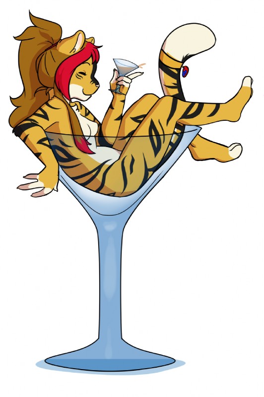 4_fingers alcohol anthro beverage breasts brown_hair container cup dipstick_tail feet female fingers hair hindpaw markings multicolored_tail paws ponytail simple_background smile solo stripes tail tail_markings two_tone_tail white_background ethriol tamara felid mammal pantherine tiger hi_res