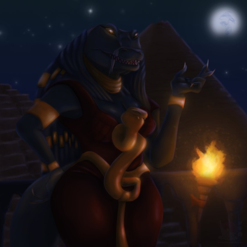 ancient bandage black_hair braided_hair clothed clothing egyptian egyptian_architecture egyptian_clothing egyptian_headdress fire fully_clothed gem glowing glowing_eyes hair jewelry moon nemes_(clothing) night pyramid solo star thick_thighs torch wide_hips vandclash egyptian_mythology marvel marvel_cinematic_universe middle_eastern_mythology moon_knight_(series) mythology torchlight ammit ammit_(moon_knight) cobra crocodile crocodilian deity reptile scalie snake 1:1 absurd_res hi_res