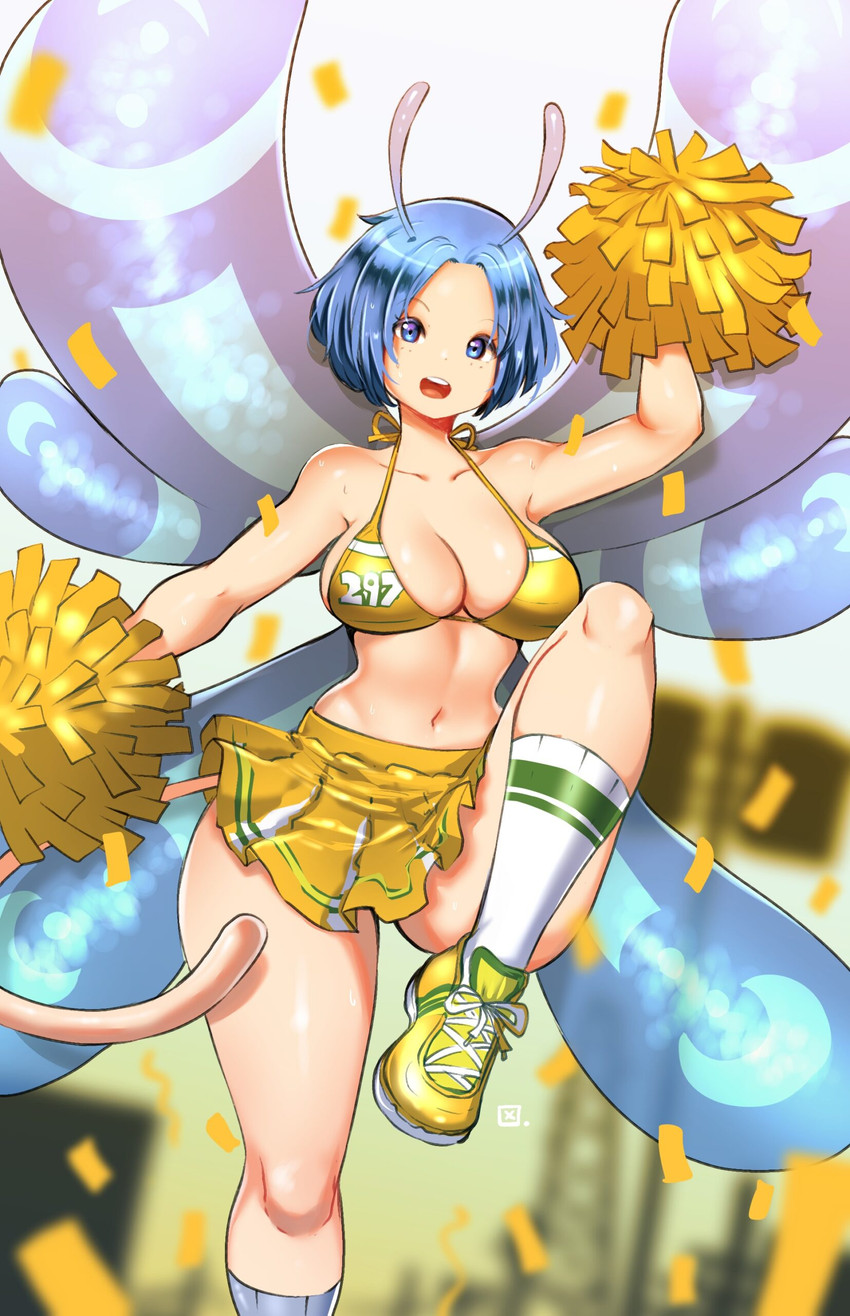 antennae_(anatomy) big_breasts blue_eyes blue_hair bottomwear breasts cleavage clothed clothing female footwear hair insect_wings midriff navel not_furry open_mouth pom_poms shoes skirt solo wings kenron_toqueen fairies_vs_tentacles myri_(fvt) fairy humanoid absurd_res hi_res