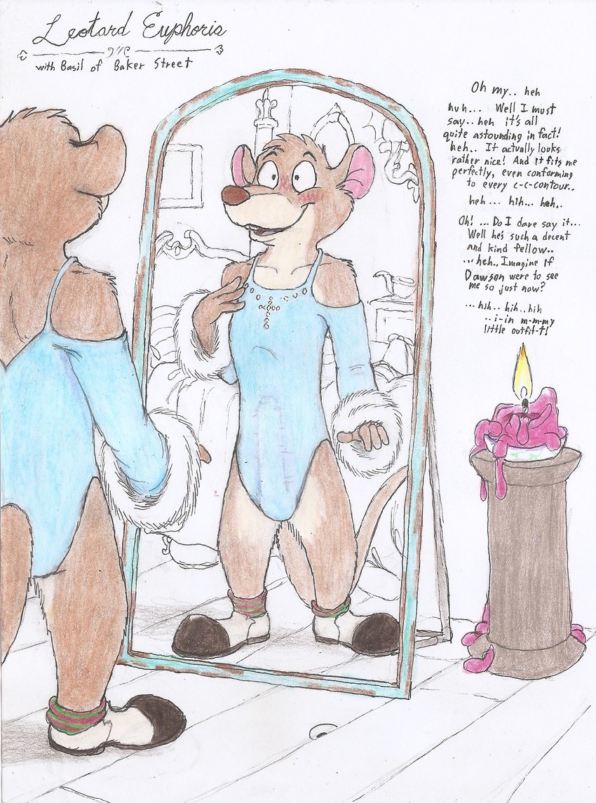 anthro arousal_focus aroused bedroom blush breath bulge candle clothed clothing crossdressing crucifix detailed_bulge dialogue dressing_up erection erection_under_clothing euphoria excited fire footwear form_fitting fur_trim_(clothing) genital_outline hand_on_chest leotard looking_at_mirror looking_at_object male mirror mirror_reflection nervous panting penis_outline reflection sequins shoes slim socks solo stuttering talking_to_self text victorian rufe_squirrel disney the_great_mouse_detective basil_(disney) mammal mouse murid murine rodent absurd_res english_text hi_res traditional_media_(artwork)