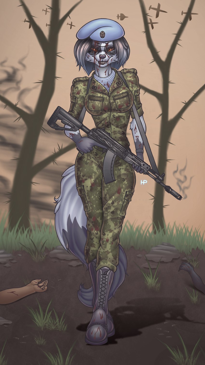 ak-12 anthro blood bodily_fluids boots clothing corpse eyewear female footwear goggles midair military_uniform plant shoes shrub smile solo uniform vdv weapon hermitpioneer arctic_fox canid canine fox mammal true_fox absurd_res hi_res