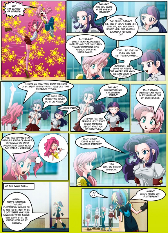 alternate_species clothed clothing dialogue female hair hood humanized multicolored_hair purple_hair rainbow_hair text two_tone_hair mauroz friendship_is_magic hasbro my_little_pony fluttershy_(mlp) pinkie_pie_(mlp) rainbow_dash_(mlp) rarity_(mlp) twilight_sparkle_(mlp) human mammal absurd_res comic english_text hi_res