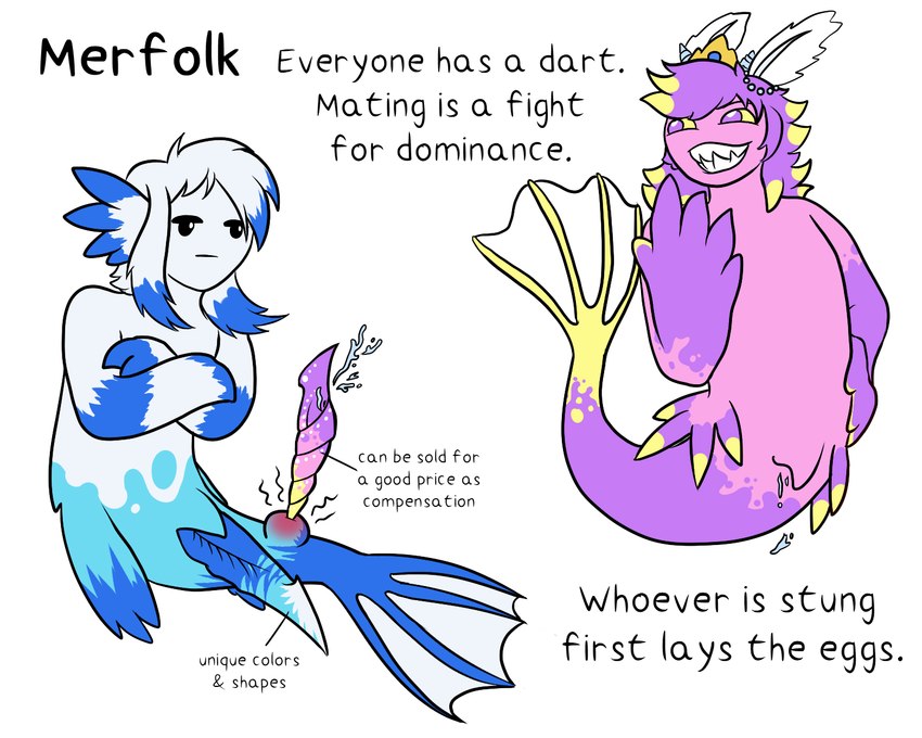 ambiguous_gender annotated annoyed anthro crown diagram duo fin fish_tail grin headgear highlights_(coloring) lore love_dart multicolored_body schematic seashell shell smile split_form stinger text worldbuilding sandentwins slightly_damned mermaid_princess marine merfolk 5:4 english_text hi_res